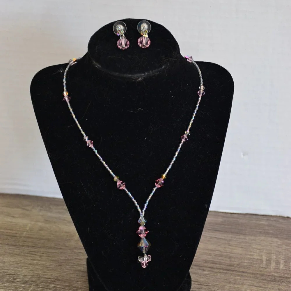 Vintage Volanta Pink Aurora Borealis Necklace and Earrings Set